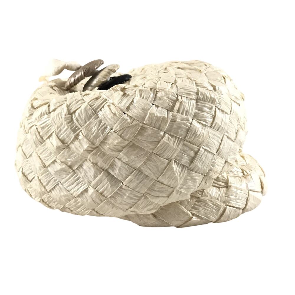 Ivory Paper Crepe Cap Basket Weave Mark III Cream Hat with Buttons Vintage - Picture 1 of 6